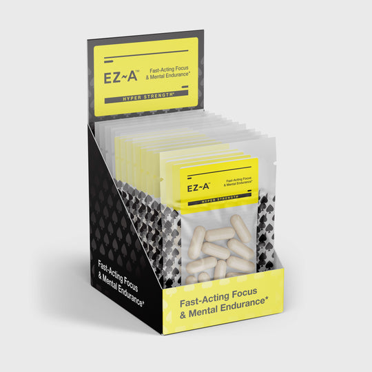 Carton of EZ-A from Illicit Labs with 12 packs of 12 capsules each in an open display carton