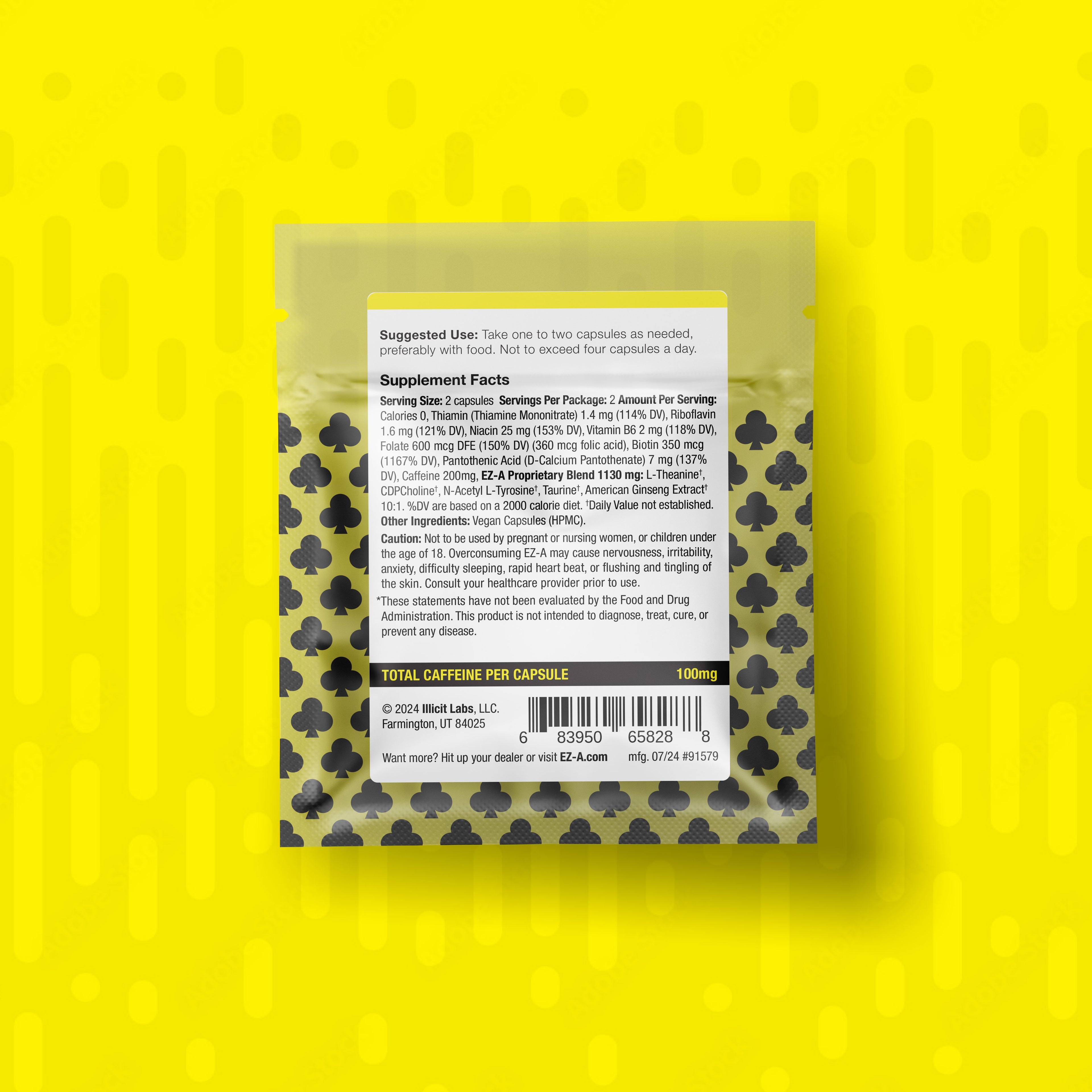 The back panel of the quick brain booster pills known on the street as EZ-A Hyper Strength four count sachet on a yellow background