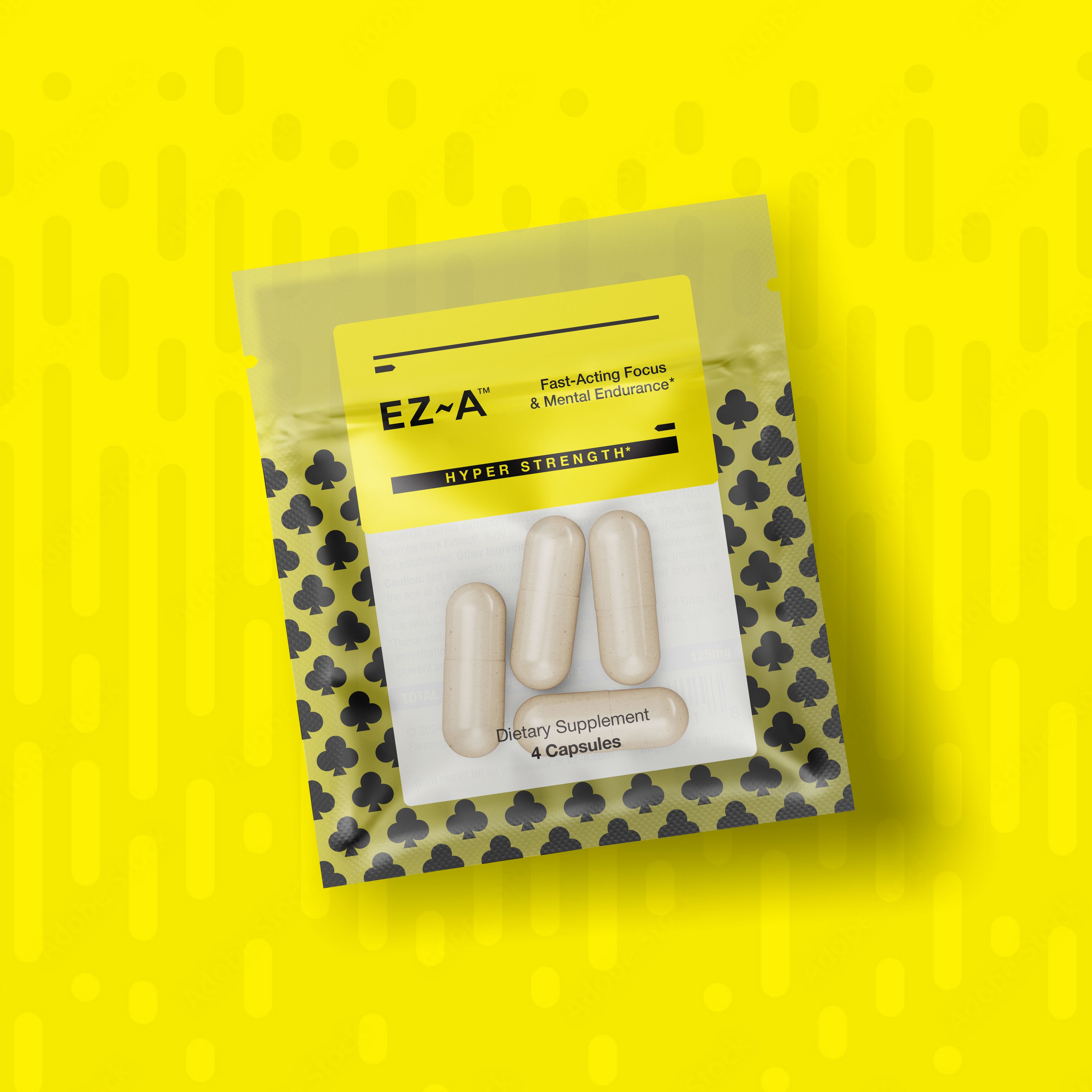 The quick brain booster pills known on the street as EZ-A Hyper Strength four count sachet on a yellow background