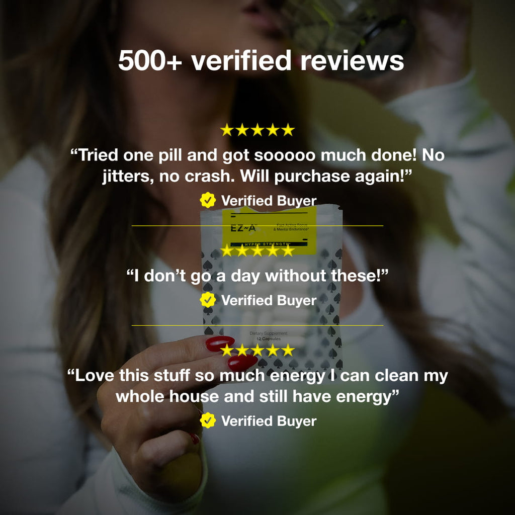 500+ verified reviews. “Tried one pill and got sooooo much done! No jitters, no crash. Will purchase again!” - Verified Buyer. “I don’t go a day without these!” - Verified Buyer. “Love this stuff so much energy I can clean my whole house and still have energy” - Verified Buyer