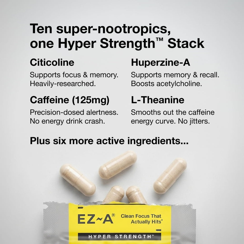 Ten super-nootropics, one Hyper Strength™ Stack. Citicoline - Supports focus & memory. Heavily researched. Huperzine A - Sports memory & recall. Boosts. acetylcholine. Caffeine (125mg) - Precision-dosed alertness. No energy drink crash. L-Theanine - Smooths out the caffeine energy curve. No jitters. Plus six more active ingredients. Open bag of EZ-A Hyper Strength with four capsules coming out.