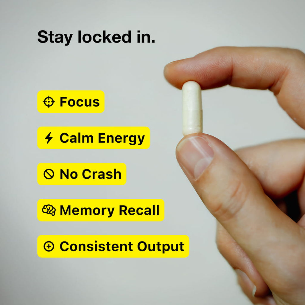 Stay  locked in. Focus. Calm energy. No crash. Memory recall. Consistent output. Two fingers holding one EZ-A capsule.