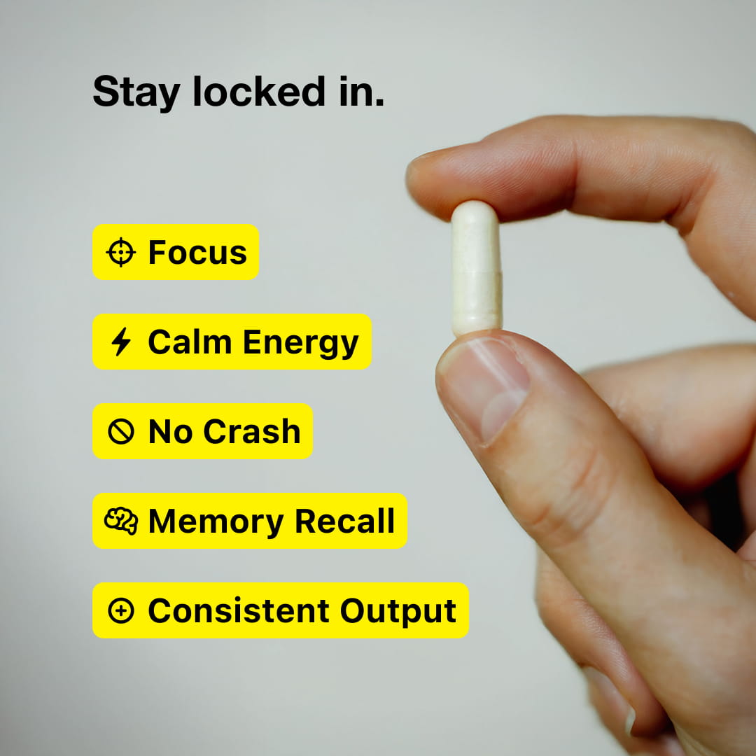 Stay  locked in. Focus. Calm energy. No crash. Memory recall. Consistent output. Two fingers holding one EZ-A capsule.