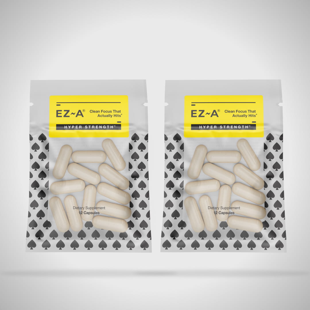 Two bags of EZ-A Hyper Strength nootropic supplements