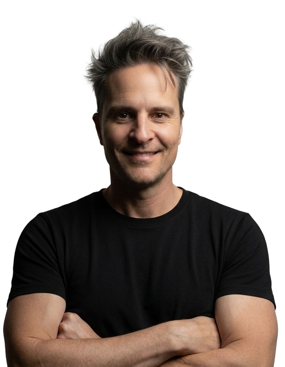 Man wearing a black t-shirt against a white background