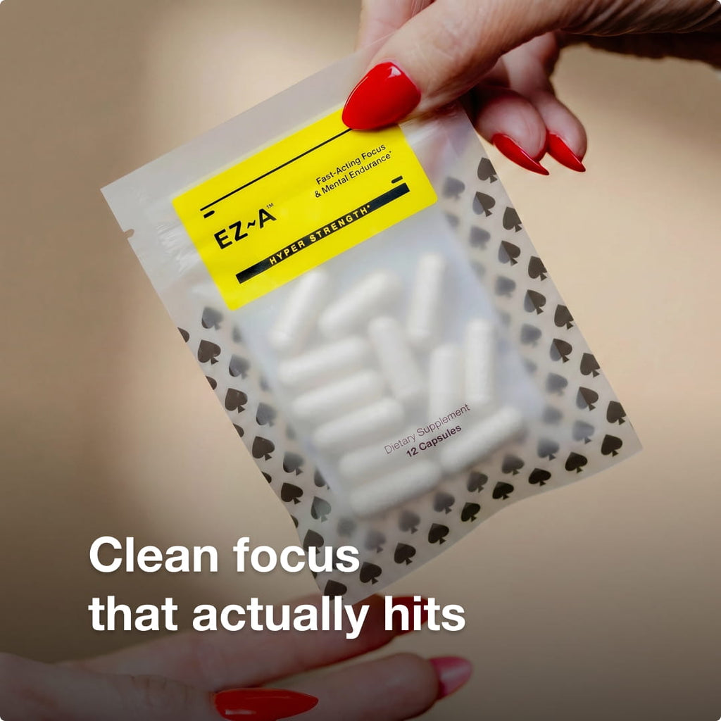 EZ-A® Hyper Strength™ capsules on a bag trading hands with the caption, "Clean focus that actually hits"