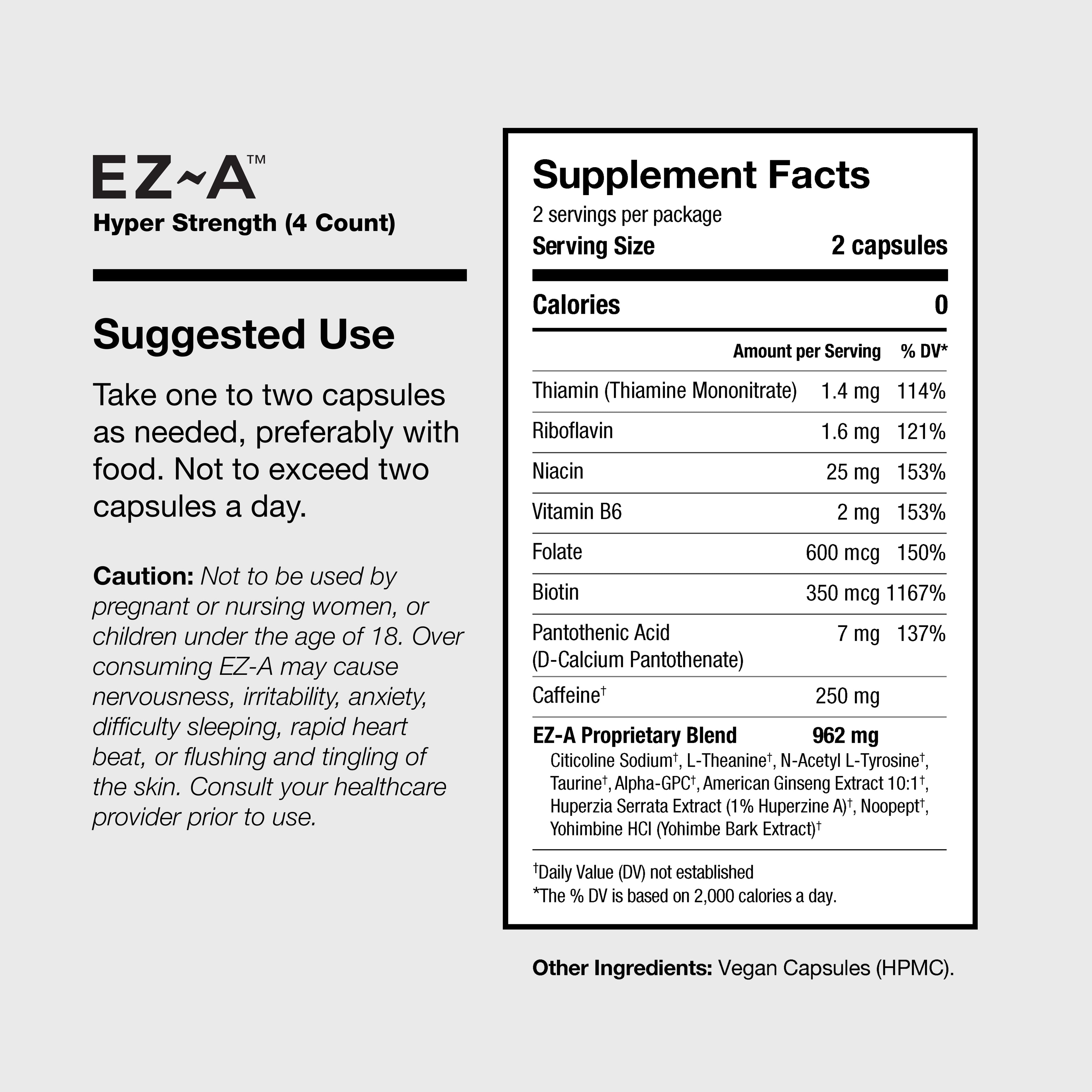 EZ-A Hyper Strength from Illicit labs 4CT suggested use and supplement facts panel