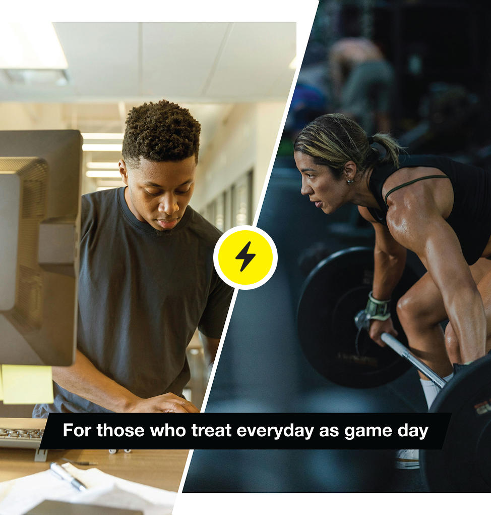 Two people, one working at a computer and the other lifting weights, with a motivational message.